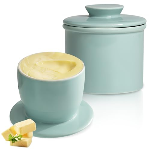 PRITOK Porzellan Butter Keeper Crock: Keramik-Butterbehälter, Runder Butterbehälter, Keramik Buttertopf mit Deckel für Frische und Streichfähige Butter, Zum Aufbewahren von Butter (Azurblau)