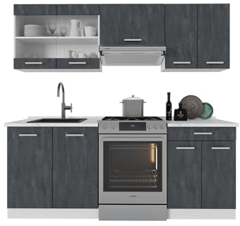 Vicco Küchenzeile R-Line, Küchenblock, Schwarz Beton/Weiß, 200 cm AP Marmor