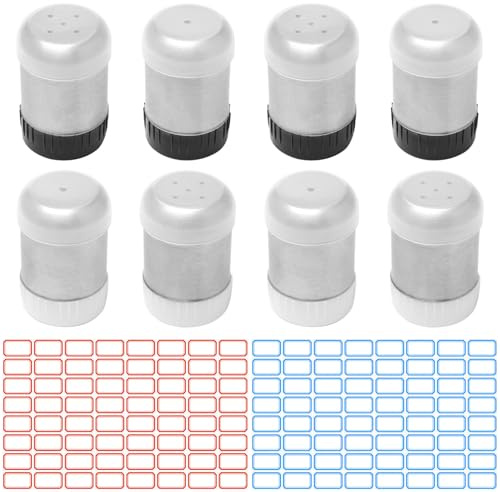 Bofanze 8 PCS Mini Salero de Acero Inoxidable Saleros Pequeños con Tapa Pequeños Saleros con Agujeros Mini Saleros de Cocina Salero y Pimienta con 2 Hojas de Etiqueta para Acampar