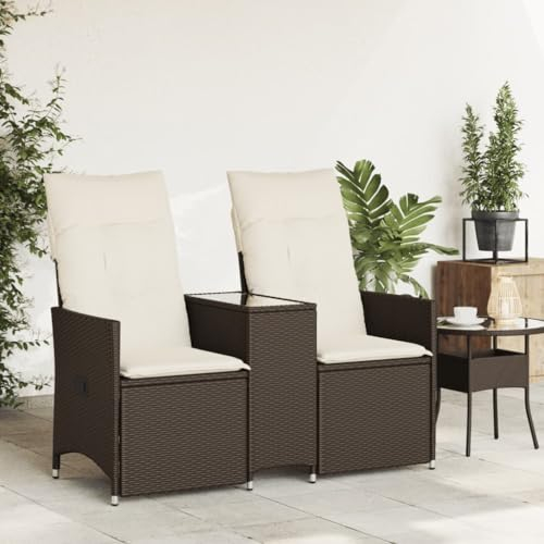 Homgoday Gartensofa Verstellbar 2-Sitzer mit Tisch Gartensessel Verstellbare Rückenlehne Gartenstühle Liegestühle Balkonstuhl Gartenmöbel Sitzgruppe für Garten Terrasse Braun Poly Rattan