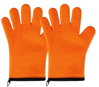 GDJIAYIYI 1 Pair Silicone Oven gloves with fingers, silicone&cotton thickened Oven Mitts heat resistant, for Oven Microwave BBQ Kitchen (Orange)