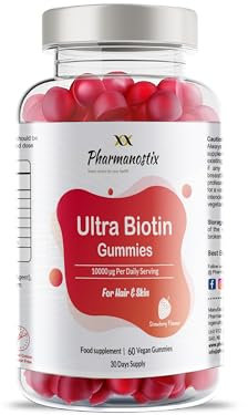 Pharmanostix Ultra Biotin 5000mcg Vegan Gummies - 10000mcg Per Daily Dose - for Hair, Skin and Nail Growth Support - 60 Natural Strawberry Flavour - 30 Days Supply - for Men and Women