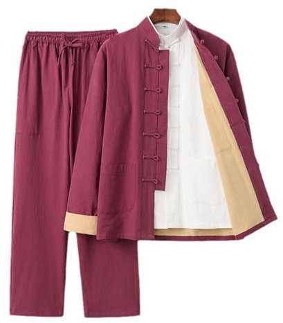 Vnook Doppellagiges Hemd-Hosen-Outfit, 3-teiliges Set, Taichi-Uniform, Traditionelle Chinesische Kleidung, Tang-Anzug, Herren, Baumwolle, Leinen, Kung-Fu-Anzug, Kampfsport Meditationsanzug(Red,L)