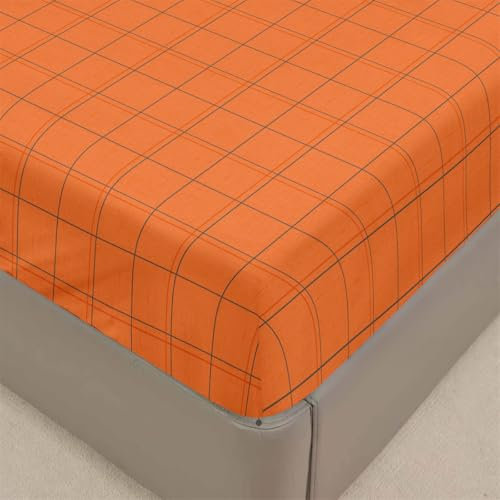 Treer Sábana Bajera Ajustable de Microfibra Antiarrugas Poliéster Suave con Patrón Bolsillo Profundo de 30cm Deep Fitted Sheet para Niños y Adultos (Cuadros Naranja,135 * 200+30cm)