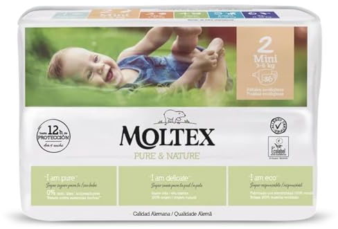 Pañales Infantiles Ecológicos Moltex Pure&Nature. Pañales Desechables. Pañales con Tecnología de Sequedad Instantánea. Hasta 12 Horas Seco. (1 Paquete, Talla 2)