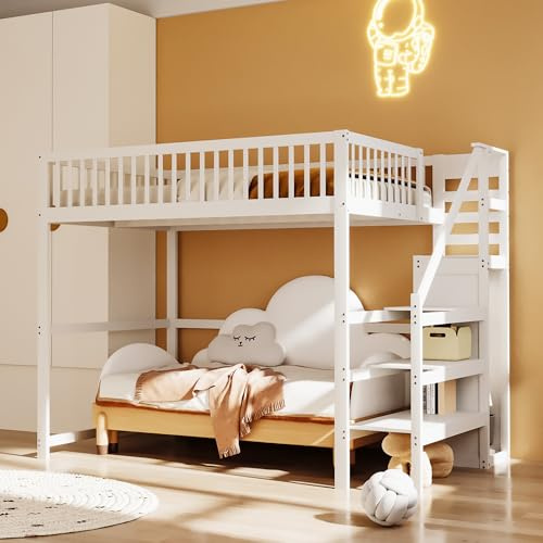 KUAKE Hochbett 140x200 mit Treppe, weißes Kinderbett aus Holz mit Aufbewahrungsregal, einfacher Kleiderschrank (140x200)