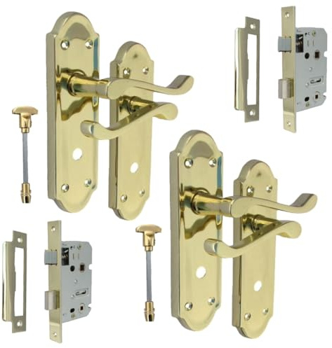 Epsom Door Handle Victorian Style Brass Plated Bathroom Door Handle Sets – Lever on Backplate – Includes Bathroom Sash Lock – 2 Pairs