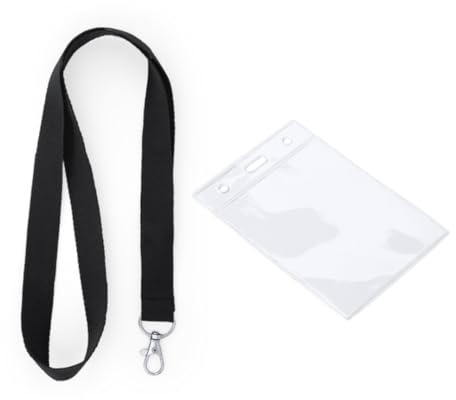 100 Lanyard de poliéster con mosquetón + 100 Identificador transparente de PVC de diseño vertical. Acreditación en Ferias, Estudiantes, Eventos, Fiestas y/o Empresas. (Negro)