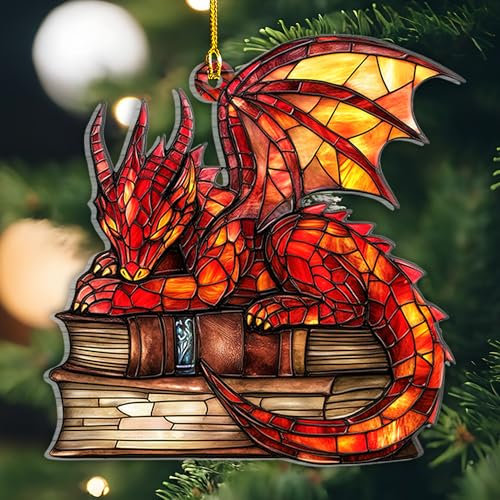 Dragon Ornaments for Christmas Tree Dragon Sleep Over Books Acrylic Ornament Christmas Tree Hanging Bookish Decorations Dragon Book Home Decor for Book Lovers Dragon Gifts