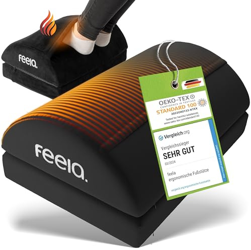 feela.® Ergonomische Fußstütze Schreibtisch [VERGLEICHSSIEGER] mit Wärmekissen – Höhenverstellbarer Fußhocker, Premium-Schaumkern & rutschfest. Ideales Homeoffice Büro Zubehör (Schwarz)
