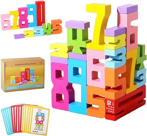 20 Stück Number Blocks, Sensorik Holzbausteine Bauklötze Holz, Zahlen Lernen Montessori Spielzeug ab 3 Jahre, Zahlenblocks Spielzeug mit 15 Zahlenstapelkarten, Numberblocks Geschenke für Kinder (A)