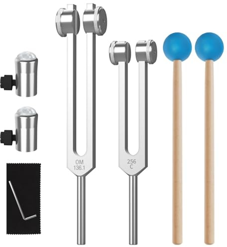 ISKDJBJG Stimmgabel-Set OM136,1 Hz 256 Hz Chakra-Stimmgabeln mit Füßen Aus Natürlichem Edelstein, Geeignet für Klangtherapie, Yoga