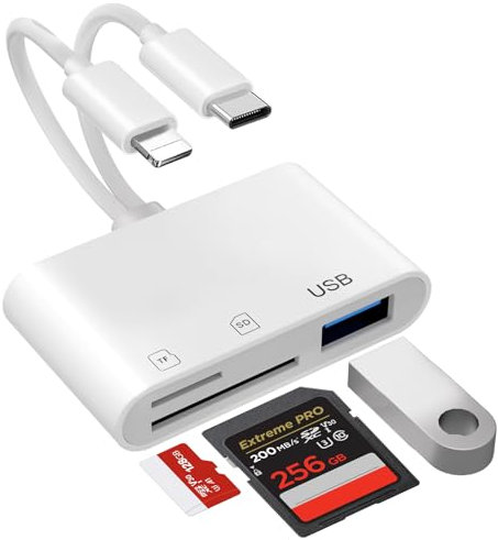 Dual Connectors SD Card Reader for iPhone & Android - 5-In-1 Lightning/USB-C SD/TF Memory Card Reader with USB OTG Port, Camera to iPhone Adapter for iPhone16/15/14/13/12/11,iPad,MacBook,Android,etc