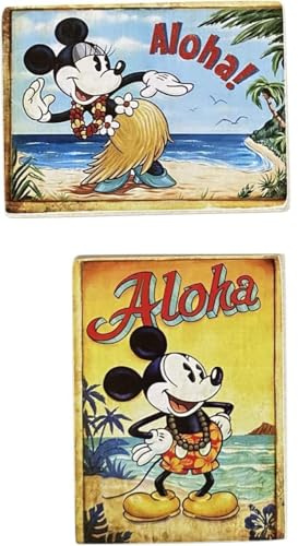 Disney 2 Calamite (magnete) Topolino Mickey Mouse & Minnie Mouse Aloha Stile Vintage per Frigorifero/Garage/Bar da Collezione Stampa su Legno 10x6cm.