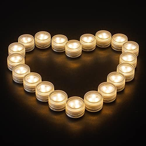 Miyawell 20 Pack Mini Waterproof Submersible LED Tea Lights, Flameless Battery-Operated Small Candles for Christmas Halloween Decor,Pools, Vases, Weddings,Warm White(Remote not Included)