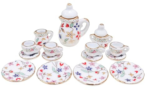 Gorise 15 Piezas Mini Juego de Tazas de té de Porcelana con Flores a Escala 1:12, Modelo de decoración de casa de muñecas en Miniatura de Cocina