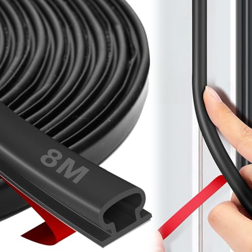 Samamoca 8M Black D-Shape Rubber Weather Stripping Door Seal Strip,Waterproof Weather Seal Infront of Door,Window Seals,Self-Adhesive Waterproof Soundproof The Protection of Large Gap Frames