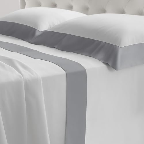 Riad Arredo Set Completo Letto Matrimoniale in 100% Cotone 180TC Italiano PERCALLE e Balze RASO - Set Lenzuola Morbidissime Tinta Unita con Balze in Raso SATIN Artigianali Made in Italy (Grigio)