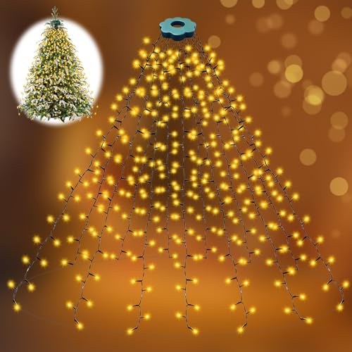 Christmas Tree Lights, 6.6FTx16 Lines 400 LEDs Outdoor Christmas Tree Lights with Ring,8 Modes,Timer Memory Function,IP65 Waterproof Waterfall Fairy String Lights for 150cm,180cm,210cm,240cm Fir Trees