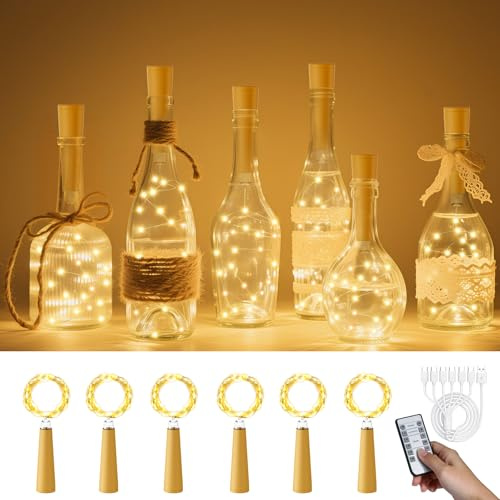 PChero 6 luci LED in sughero, con timer, 2 m, 20 LED, ricaricabili, con batteria e telecomando, catena di luci per bottiglie di vino, bottiglie di vino, tappi per bottiglie fai da te, matrimoni, feste