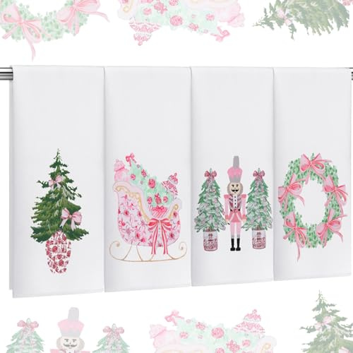 Fanfanwin 4 Pcs Christmas Kitchen Hand Towels Chinoiserie Pink Nutcracker Sleigh Xmas Tree Bow Decorative Hand Drying Tea Dish Towels 18 x 28 Inch for Holiday Kitchen Bathroom Decor Housewarming Gifts