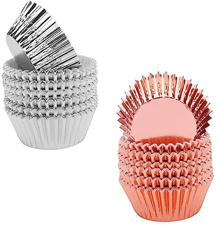 Alipis 200 piezas Unidades Papel Aluminio Grueso para Cupcakes Moldes Metálicos Plateado y Rosa Dorado Resistentes y Desechables para Fiestas y Repostería
