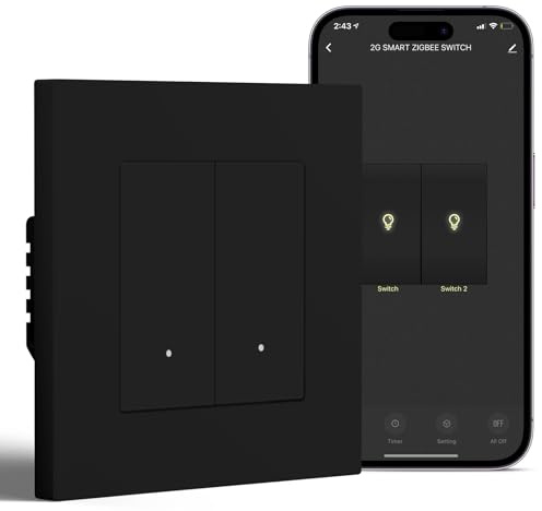 BSEED Smart Lichtschalter Unterputz mit PC Rahmen, 2 Fach 1 Weg, WLAN Taster Schalter kompatibel mit Alexa/Google Home, Intelligente Wandschalter arbeitet mit Smart Life/Tuya App, Schwarz