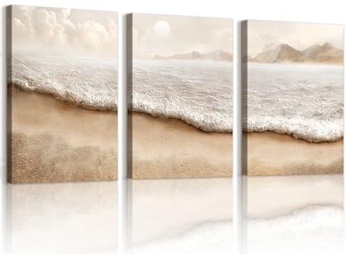 WENGTIAO Set of 3 Boho Beach Coastal Canvas Wall Art Prints Framed | Minimalist Abstract Sea Waves Seaside Painting on Canvas Modern Living Room Bedroom Wall Decor 40x60cmx3