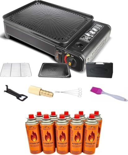 SMH LINE® 2-in-1 Camping Gasgrill Set Campinggrill inkl. 16x Gaskartusche 227g Balkon-Grill Tischgrill Campingkocher Tragbarer Koffer Gas BBQ inkl. Zubehör Grillgitter Grillpfannenclip Kassettengrill
