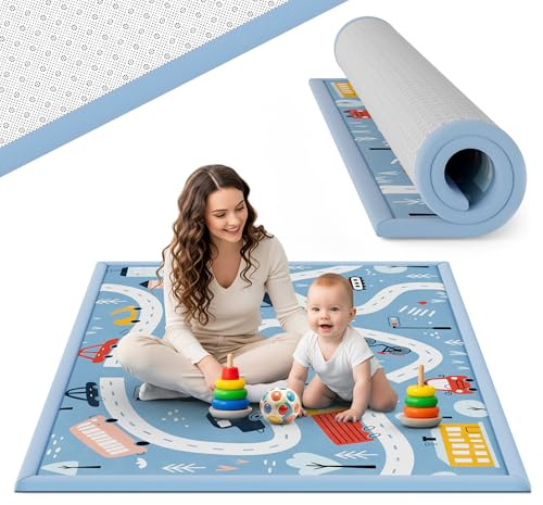 teskon® Krabbelmatte Baby Spielmatte Kinder 200x150x3cm Autos & Straße | Seidenweich, 3 cm dick, Premium Memory-Schaum, rutschfeste Unterseite, sicher und gemütlich fürs Krabbeln und Spielen