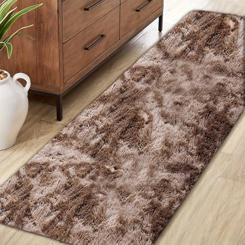 Jyswx Tapis de Passage – Tapis Long Läufer Doux et Moelleux, Lavable et Antidérapant pour Couloir, Salon, Chambre et Entrée – Fluffy Shaggy Runner, 50×300 cm, Tiedye Marron