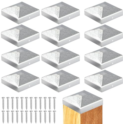 Sturiz 12 Stück Pfostenkappe 9x9cm Pfostenkappen Zaunpfosten Kappen Holzpfosten Bodenhülsen Zaun Abdeckkappen für Pfosten Pfostenabdeckung Metall Zaunkappen Quadratisch Zaunpfahlkappe mit Schrauben