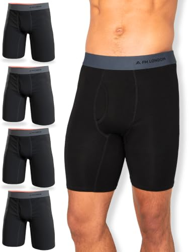 FM London 4-Pack Long Leg Bamboo Boxers Mens, Soft Anti-Chafe Mens Boxers