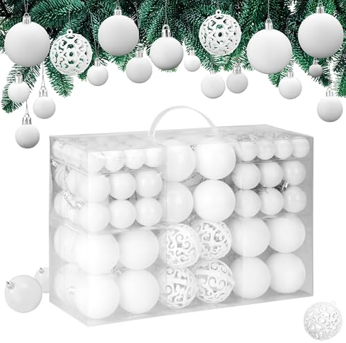 CASARIA® Weihnachtskugeln 100tlg Ø 3-6cm Kunststoff matt glänzend Christbaumkugeln Christbaumschmuck Anhänger Weihnachtsbaumkugeln Weihnachtsdeko Weiß