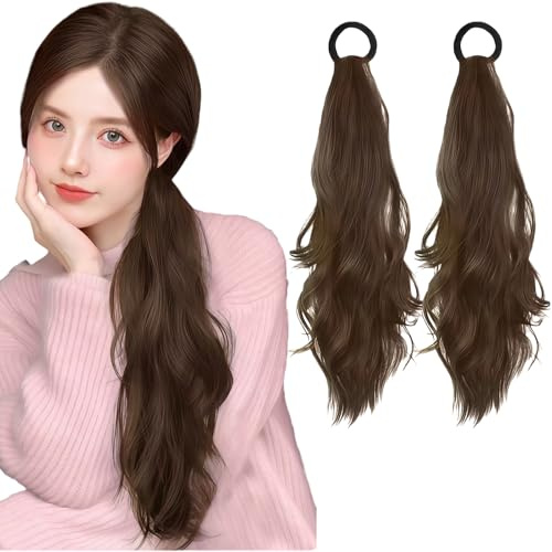 AYNKH 2 Stück Pferdeschwanz Haarteil,Echthaar Zopf, Haarverlängerung, Ponytail Extension für Täglichen Gebrauch und Spezielle Anlässe für Frauen Damen(Hellbraun)