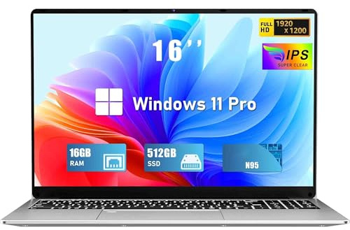 FUNYET 2025 Ordenador Portátil 16 Pulgadas 16GB RAM 512 GB SSD Expansión 1TB Portátil 4 Cores Celeron N95 hasta 3.4GHz Win 11 Pro Laptop FHD 1920×1200 USB 3.0 BT 5.0 WIFI 5 HDMI Teclado Retroiluminado