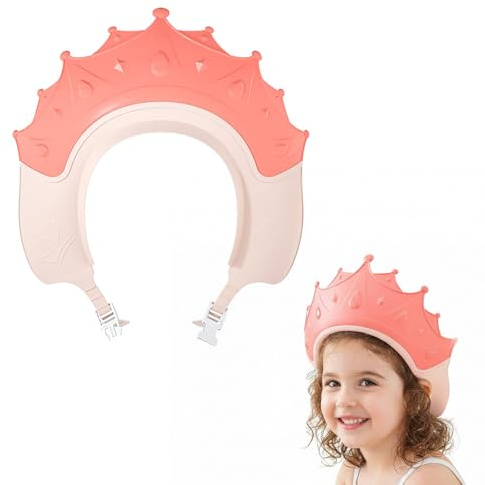 Baby Shower Cap for Kids Shower Cap Shield | Adjustable Hair Washing Aids for Kids，Cute Crown Shape Baby Hair Washing Shield for Eyes, Ears and Face(Pink)