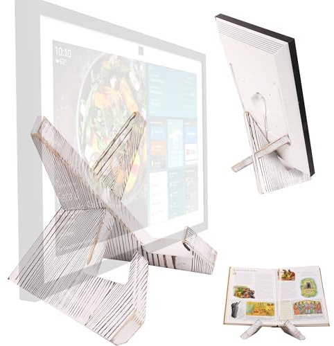 HOOKMEMO Solid Wood Tabletop Stand for Calenda, ech0 Show 15,ech0 Show 21,ipad,Cookbook,Support Both Horizontal and Vertical Modes. (White)