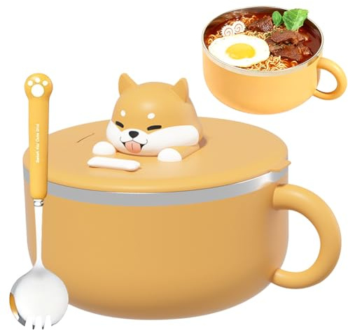 Ramenskål med lock 1200 ml, instant nudel skål, ramen instant nudlar skål soppskålar, ramenskål med gaffel, ramenskål värmeisolering tätning för soppa nudlar dumplings sallader (gul)