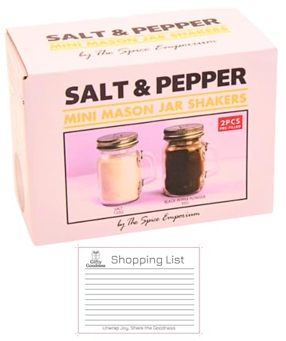 Mini Salt & Pepper Pre-Filled Glass Mason Jar Shakers by Spice Emporium | Tabletop Seasoning Set | Includes Gifty Goodness Shopping List
