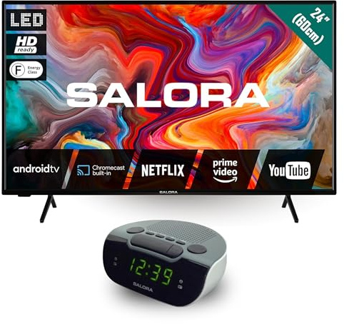 SALORA Smart TV 24 Pulgadas HD Ready con Android TV, WiFi y Chromecast Integrado + Reloj Despertador Digital con Radio FM y Doble Alarma, Bluetooth, 3 HDMI, Dolby Audio – Pack TV 24” para Dormitorio