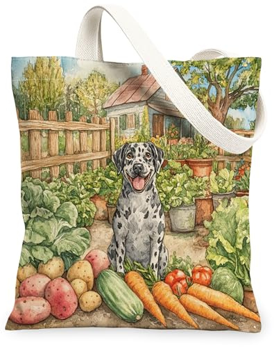 Spring Catahoulas Leopard Dog Gardening Canvas Tote Bag for Shopping 13x15, Farmhouse Country Reusable Grocery Print Pattern Bag for Women, Planting Aesthetic Painting Gift Decor