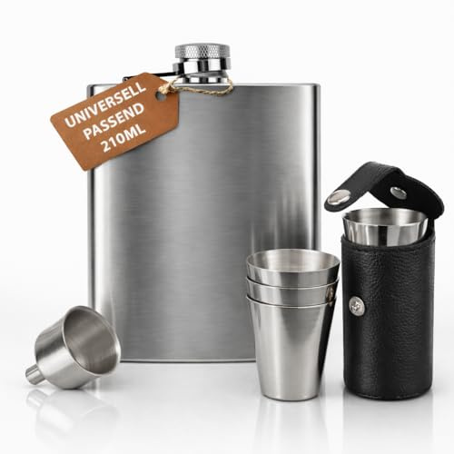 Oramics Flachmann Set 7-tlg. inkl. TRICHTER & BECHER – Edelstahl Taschenflasche gebürstet – Edles Männer Geschenk Set für Outdoor, JGA & Wandern – Auslaufsicher (Rostfrei)
