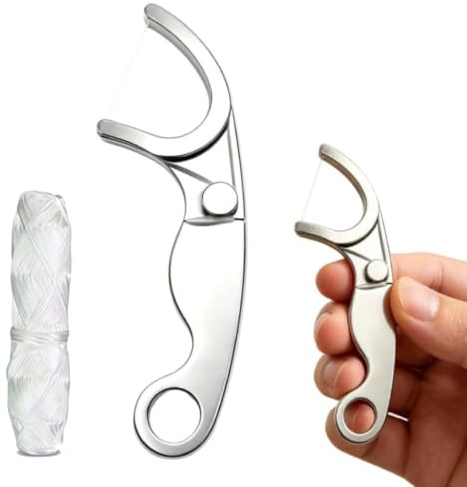 Palillo de hilo dental de acero inoxidable, soporte y palillos reutilizables para hilo dental, limpiador dental permanente portátil y minimalista para el cuidado bucal