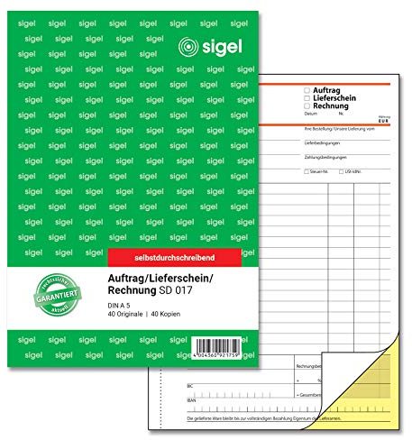 SIGEL SD017 Kombinationsbuch, Auftrag / Lieferschein / Rechnung A5, 2x40 Blatt, selbstdurchschreibend, aus nachhaltigem Papier