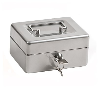 ProfiOffice Aufbewahrungs-Box aus Stahlblech | abschließbar | Sortier-Einsatz herausnehmbar | 15,2 x 11,8 x 8 cm | Kasse mit 2 Schlüsseln | geeignet als Spardose, Trinkgeldkasse | Silber (10035)
