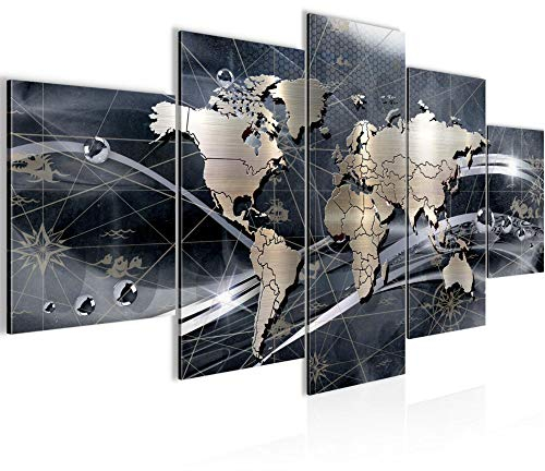 Runa Art - Bilder Weltkarte 200 x 100 cm 5 Teilig XXL Wanddekoration Design Grau 106851c