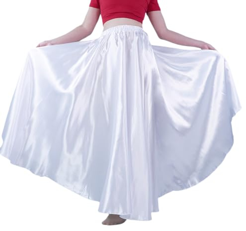 MUNAFIE Women's Long Maxi Dance Skirt - Satin Fairy Skirt for Praise & Cosplay Belly Dance Skirt White