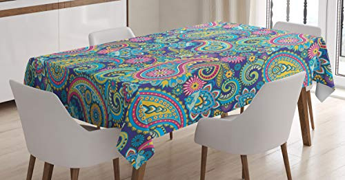 ABAKUHAUS Paisley Tischdecke, Bohem Bunte, Druck mit Klaren Farben ohne Verblassen Waschbar für innen oder Außen Bereich, 140 x 200 cm, Türkis Rosa