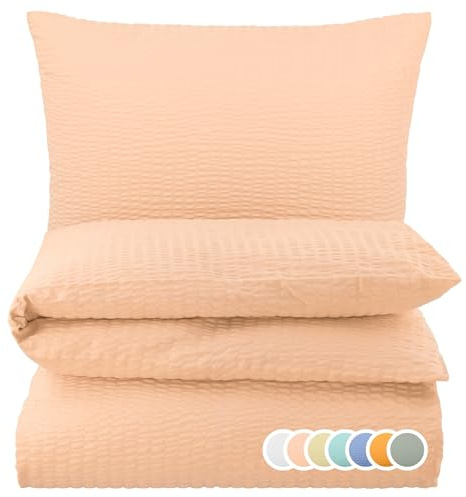 Carpe Sonno Seersucker Bettwäsche 135x200 cm Baumwolle – Apricot bügelfrei | Kühlende Sommerbettwäsche mit Reißverschluss, bügelfrei | Deckenbezug + Kissenbezug 80x80 | ganzjährig, pflegeleicht